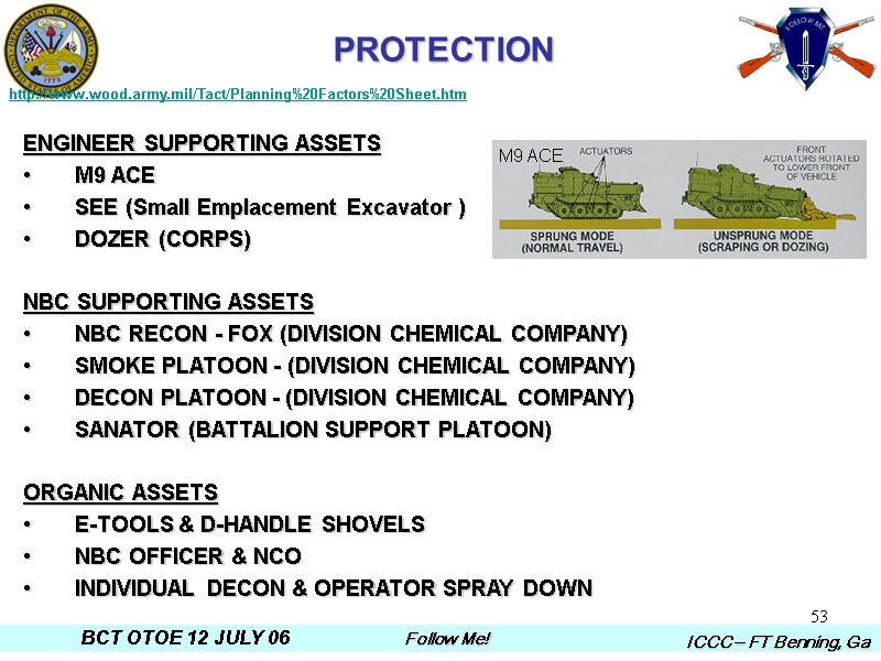53 PROTECTION ENGINEER SUPPORTING ASSETS M9 ACE SEE (Small Emplacement Excavator ) DOZER (CORPS)